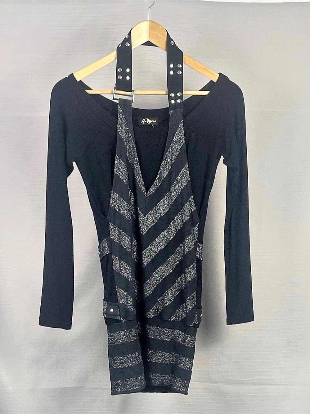 MAMAIKUKO Y2K Black Metallic Chevron Mini Dress Harness Straps M